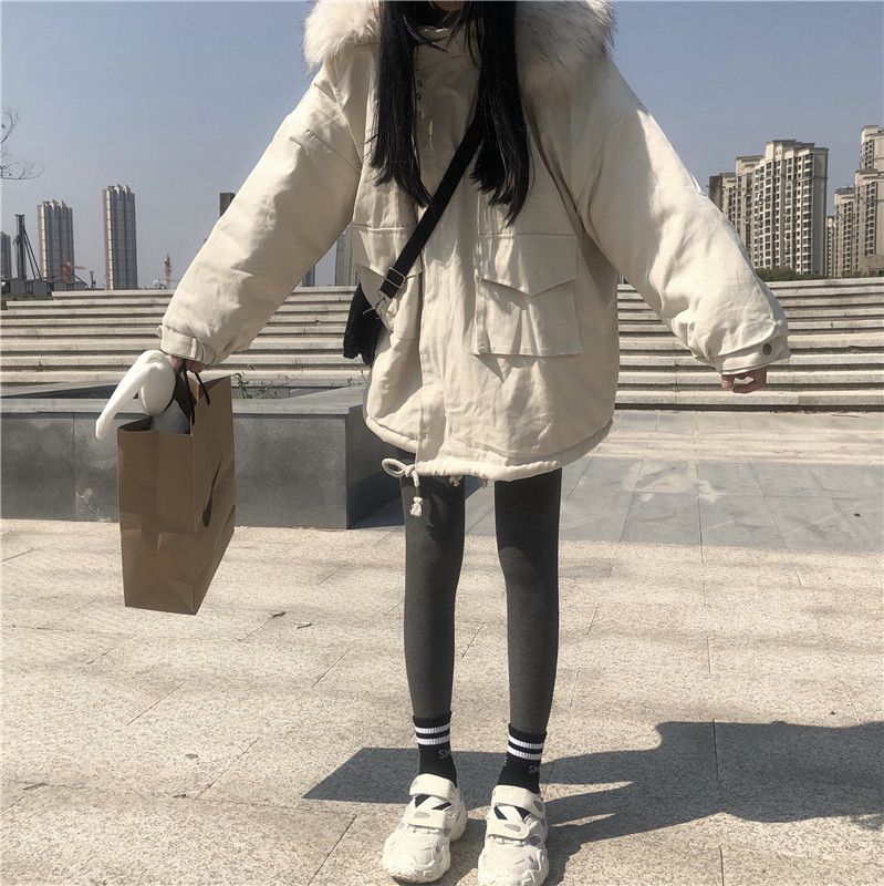 

Female han edition paragraph thickening heavy hair grows in loose control to film coat collar hooded long-sleeved cotton, White