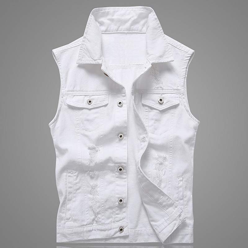 

Men' Vests Hole Denim Waistcoat Men White Jeans Vest Solid Rock For Fashions Summer Sleeveless Jacket 5xl Punk Biker Ripped