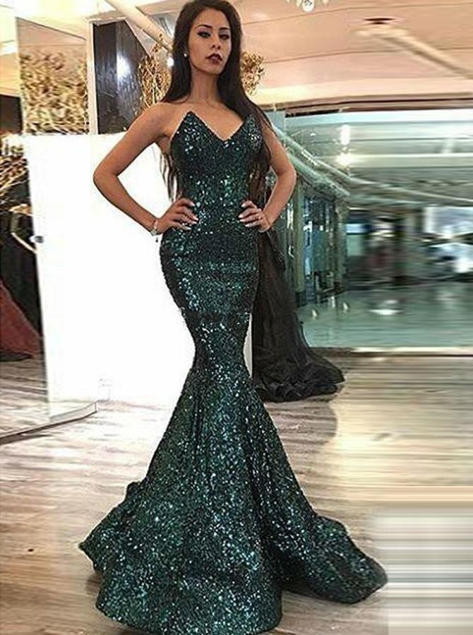 

2020 Flattering Sequins Mermaid Evening Dresses V Neck Custom Made Dubai Saudi Arabic Prom Dresses Dark Green Party Dresses Sweep Train, Grape