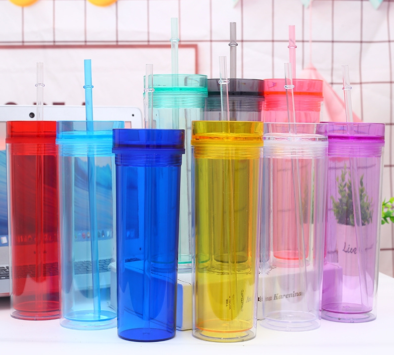 

500ml Acrylic tumblers insulated double walled Juice cup plastic cups 16oz coffee tumblers with two layer straw lid cover, Multi-color