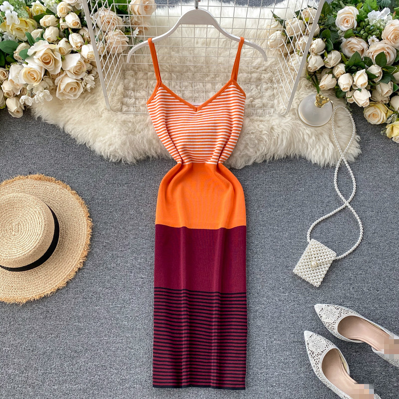 

2020 Sexy V Neck Spaghetti Strap V Neck Women Dress Fashion Hit Color Patchwork Striped Dresses Sexy Streetwear Robe Femme, Aprint red
