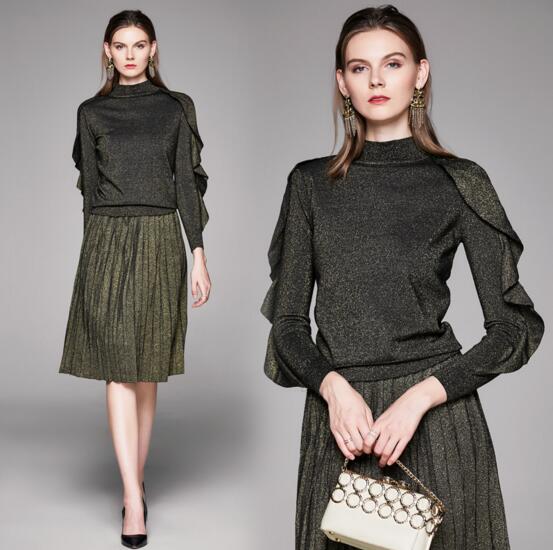 

Autumn and winter ruffle sleeve knit top + bright silk pleated skirt two-piece suit, Armygreen