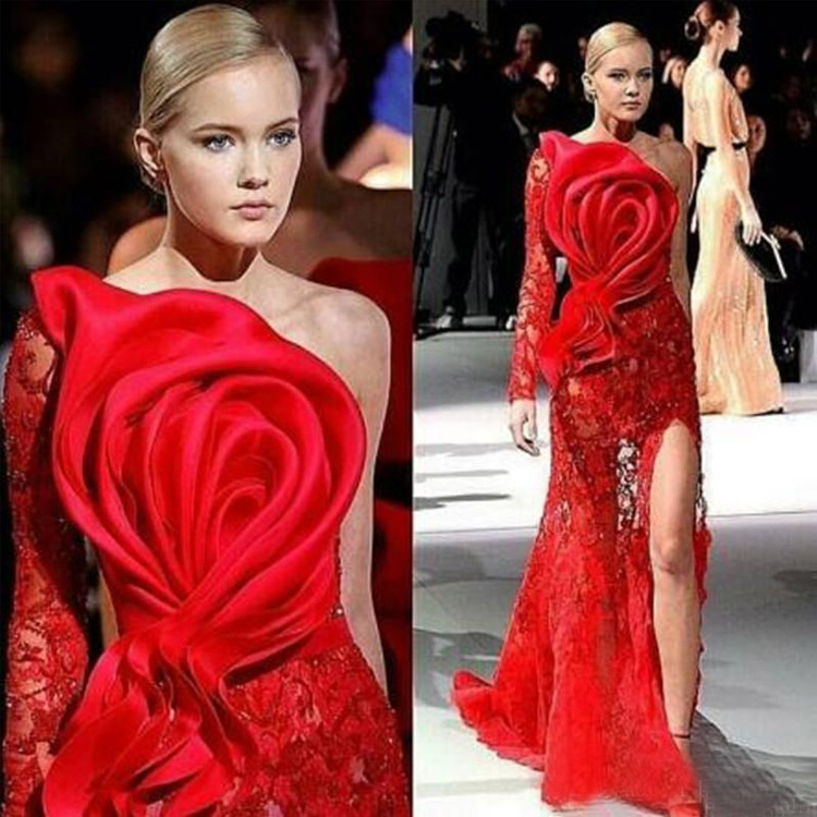 

Unique Design One Shoulder Evening Dresses Long Sleeve Red Lace Ruffles Flower Prom Gowns Sexy High Split Party Runway Fashion Dress, Black