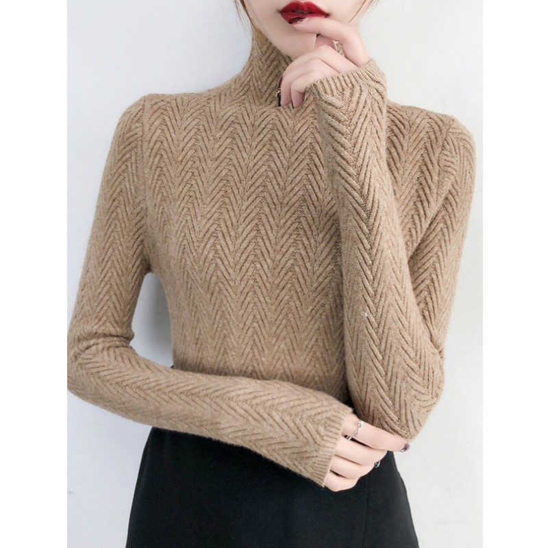 

PEONFLY Turtleneck Sweaters Women Pullover High Elasticity Knitted Ribbed Slim Jumper Autumn Winter Basic Solid Female Sweater, Low collar white