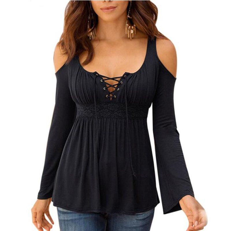 

2018 Autumn Women Long Sleeve Blouse Off Shoulder Long Shirts Sexy Women Tops and Blouse Bandage Femininas Plus Size 5XL, Red