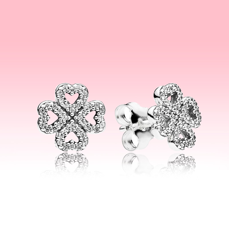 

lucky Clover Stud Earring 925 Sterling Silver Women Wedding Jewelry with Original box for Pandora CZ Diamond Earrings set