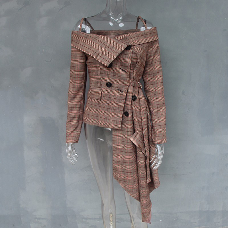 

Off Shoulder Plaid Blazer Female Jacket Slash Neck Long Sleeve Irregular Hem Plus Size Women' Coats Autumn Fashion