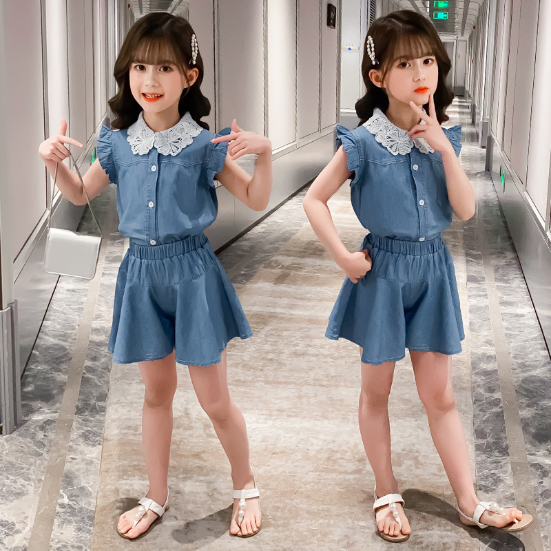 

Baby Girl Clothes Set Summer Children Clothes Korean Girls Denim Short-sleeved Suit Baby Girl Outfit Teen Girls Clothing 4-12 Y, Blue