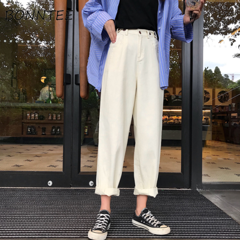 

Jeans Women High Waist Zipper Loose Pockets Solid Korean Style Female Denim Jean Trendy All-match Students Casual Trousers, Beige