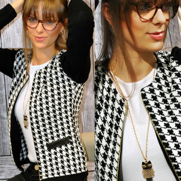 

Autumn winter new Women' European American temperament houndstooth stitching slim short Jacket Womens Jackets Coat, Black