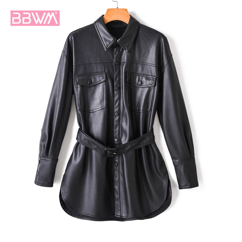 

New PU Women' Jacket Double-pocket with Waist Single-breasted Casual Long Lapel Female Jacket Black Windproof Chic Tops