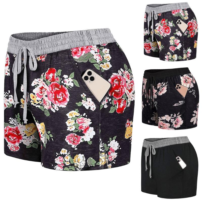 

Fashion Women Elastic Waist Yoga Shorts Ladies Soft Flower Print Lounge Shorts Pockets Casual Pajama Running Fitness L622, Black