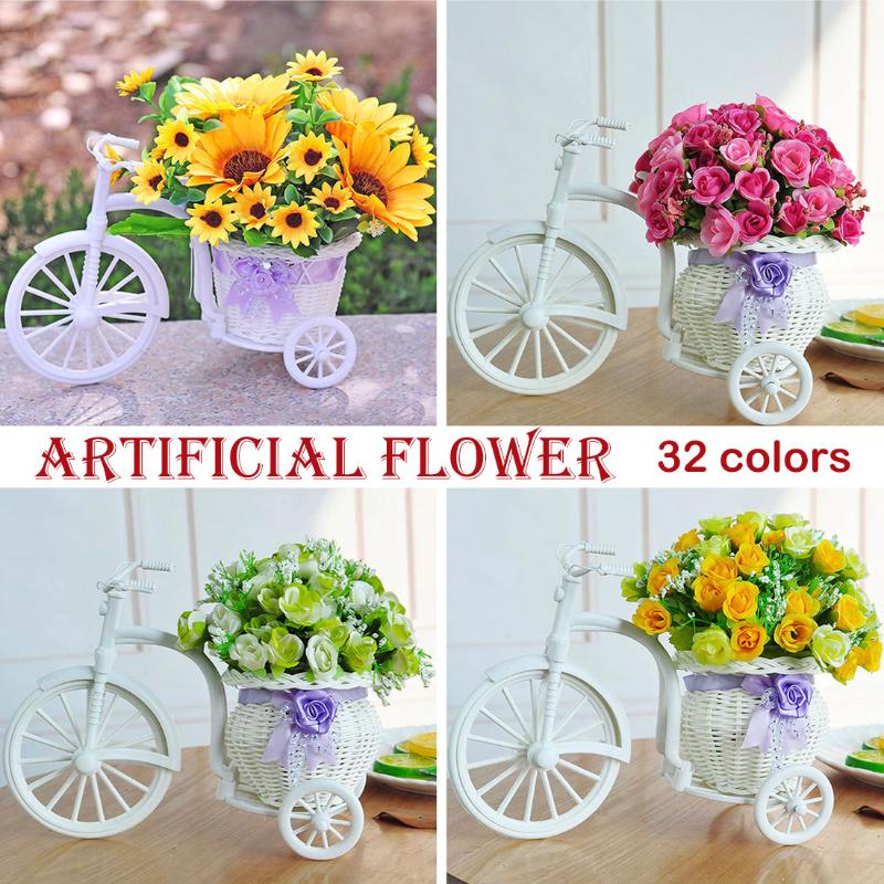 

Bicycle Decorative Artificial Flower With Pots Basket Newest Plastic White Tricycle Bike Flower Storage Party Decoration