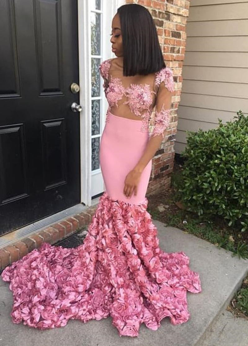 

2020 Sexy Pink Mermaid Prom Dresses New Design Appliqued Sheer Neck Formal Dresses Elegant Evening Wear robes de soiree DFE14, Chocolate