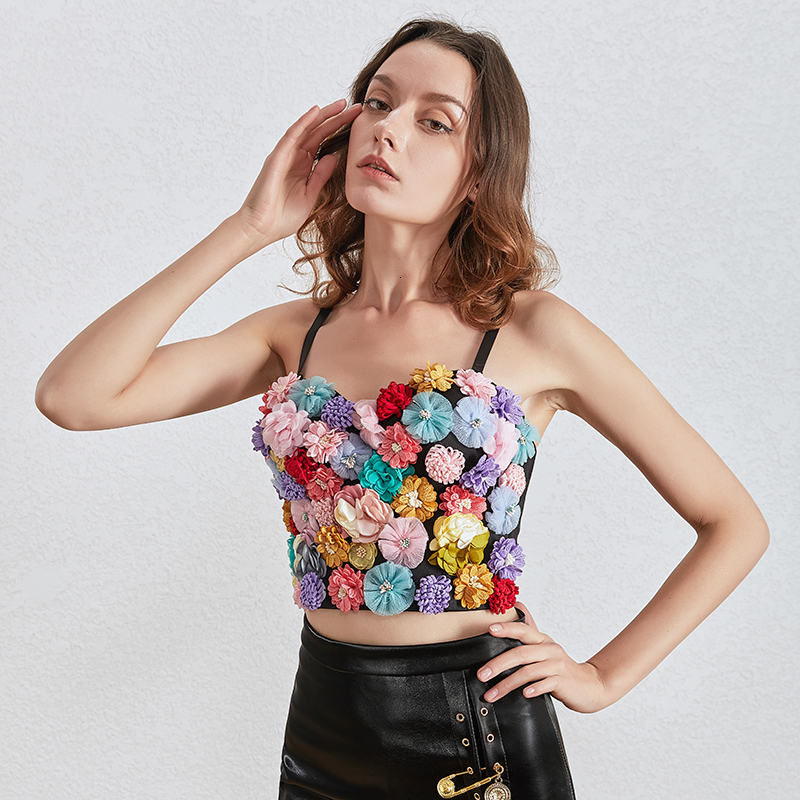 

2020 Patchwork Florals Sexy Women's Vest V Neck Spaghetti Strap Sleeveless Hit Color Short Vests Female Fashion Clothing, Same as picture