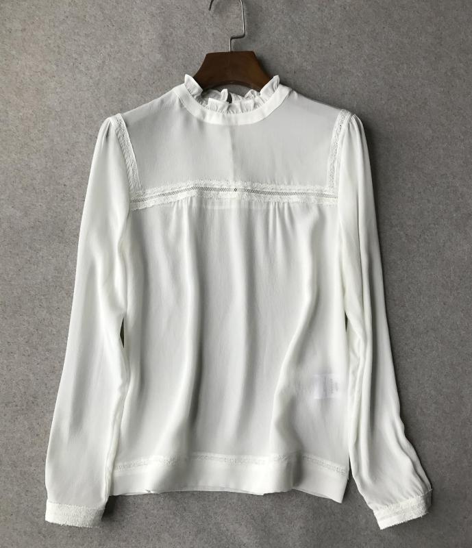 

Women Long Sleeve Shirt 100% Silk French Style Elegant Female Clothes Lace Patchwork Blouse, White