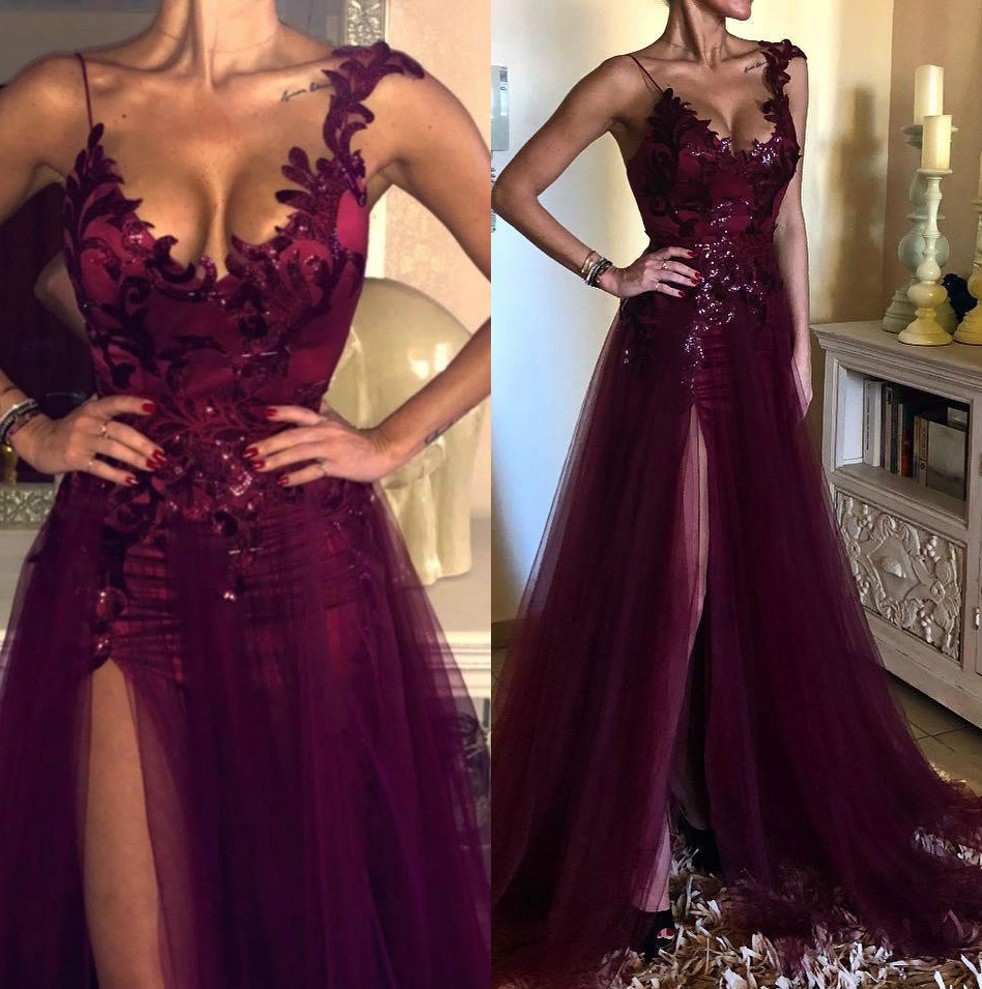

Elegant Grape Purple Lace A Line Split Prom Dresses Formal Women Holiday Wear Celebrity Party Evening Gowns Plus Size Custom Made, Silver