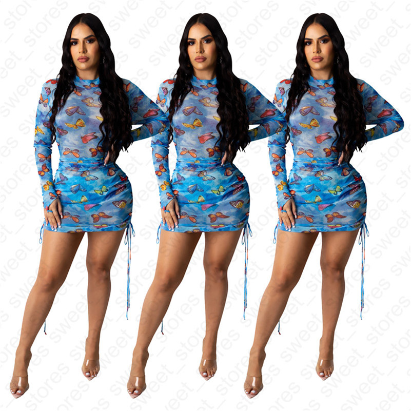 Femmes robes moulantes robe à manches longues jupes courtes à la mode sangle en maille transparente papillon sexy robes imprimées vêtements S-XL