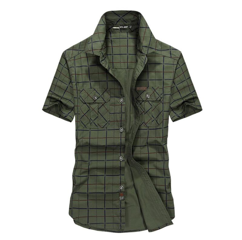 

Loose Size 5xl Men Shirts Summer Afs Jeep Brand Clothing Camiseta Masculina Plaid 100 %Cotton Short Sleeve Men's Wholesale Shirt, Army green
