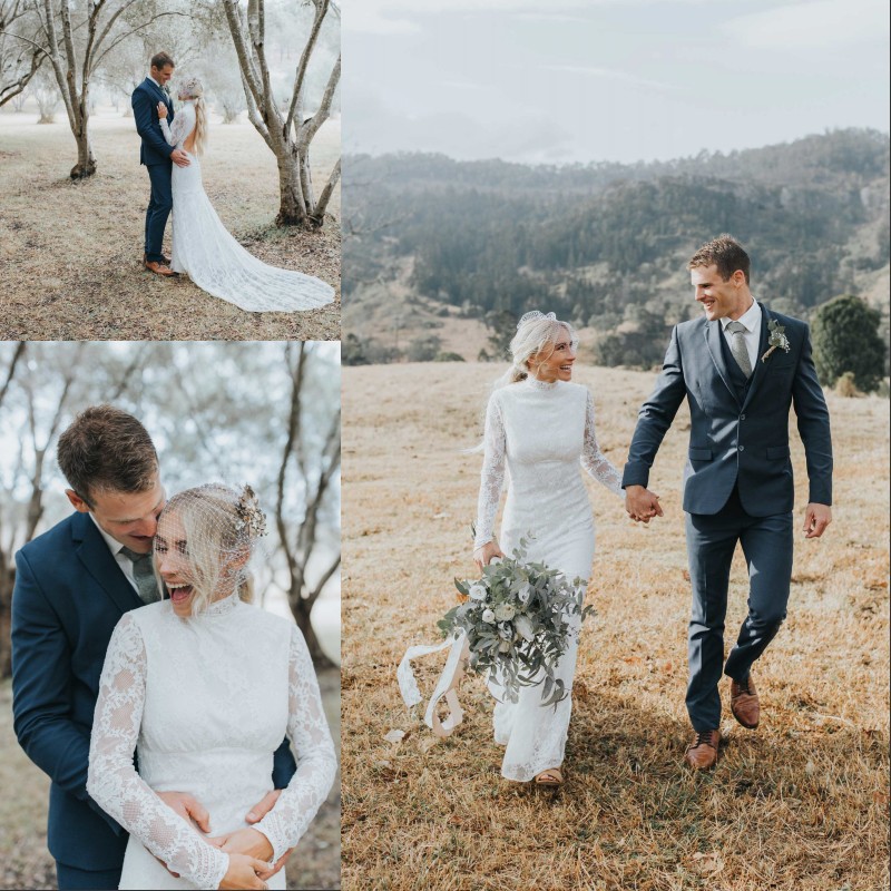 

2020 Full Lace Long Sleeve Mermaid Wedding Dresses Bridal Gowns Court Train Open Back Bohemian vestidos de novia, Black