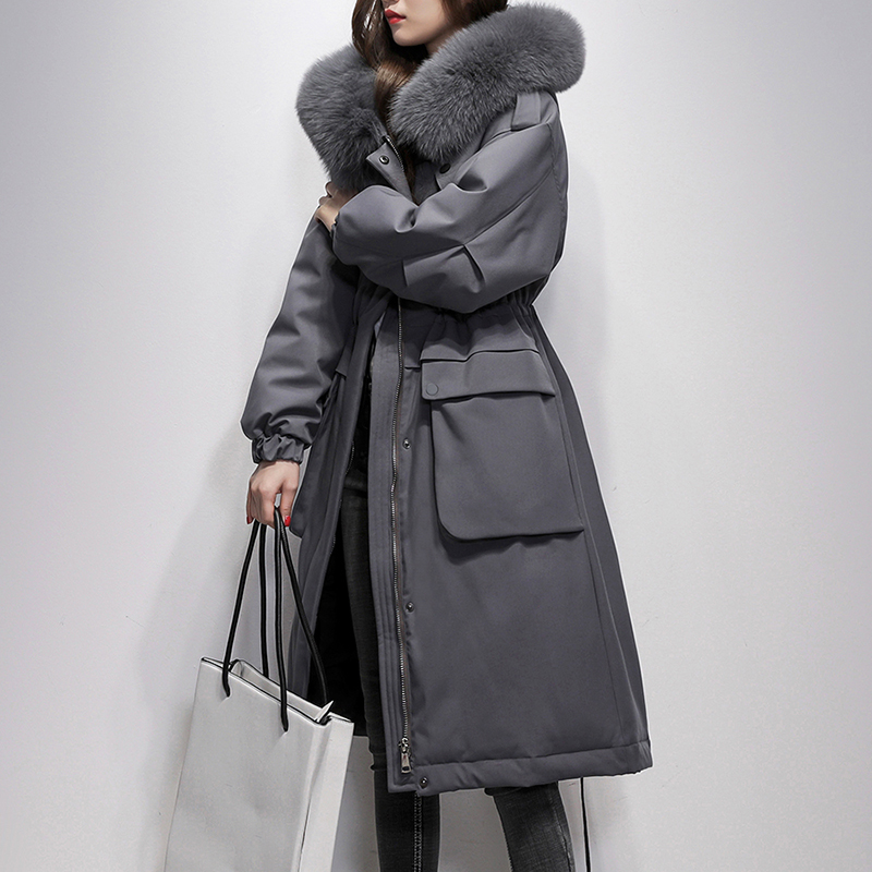 

2019 Winter Women 90% White Duck Down Jacket Loose Long Down Coat Large Real Fox Fur Collar Hooded Outwear Warm Thick Parka, Beige