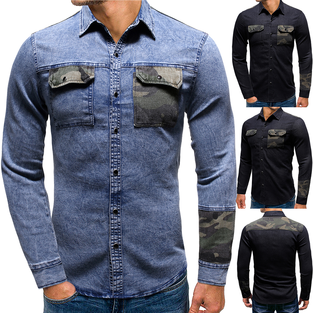 

Designer Mens Shirt Patchwork Pocket Slim Fit Denim Jeans Shirt Men Fashion High Quality Casual Shirts Coat Men Streetwear, Black