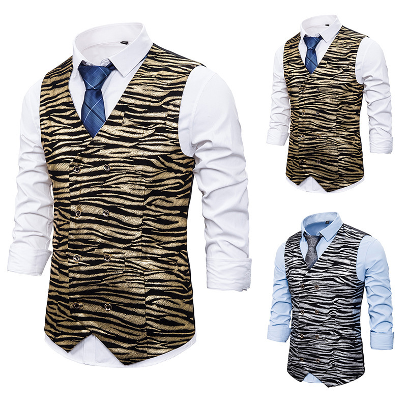 

Men' new fashion leisure business fishing vest tiger print gilt printed dress for European and American sizes XXL, Gold