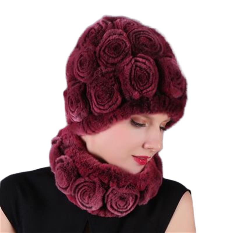 

headgear scarf set rabbit hair hats winter quality chenille soft cap scarves rose colorful free size adult