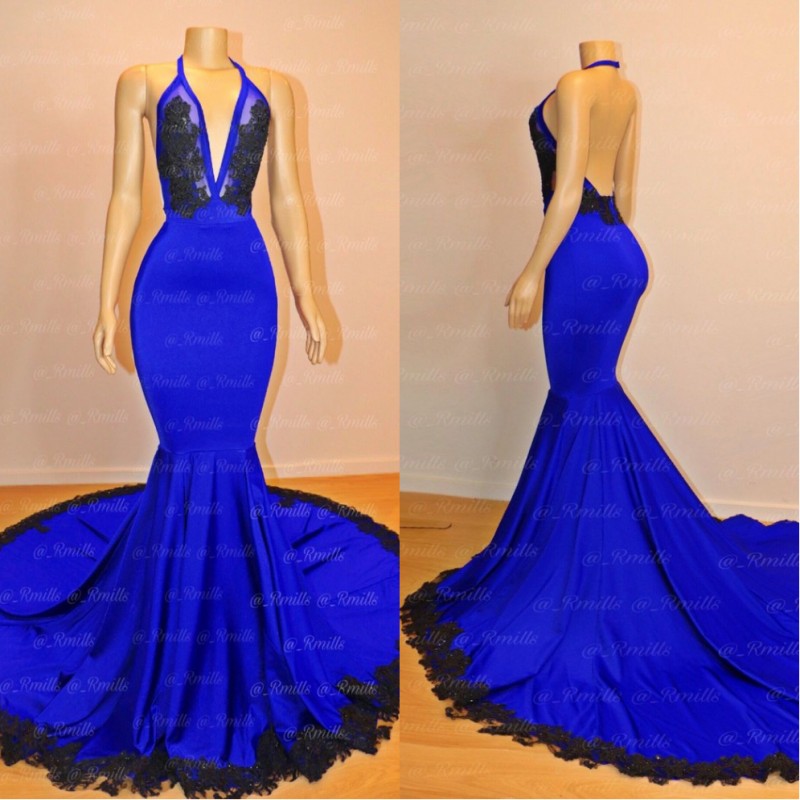 

2022 Sexy Plunging V Neck Royal Blue Prom Dresses New Mermaid Red Carpet Evening Gowns Celebrity Wear Backless Special Occasion Gown