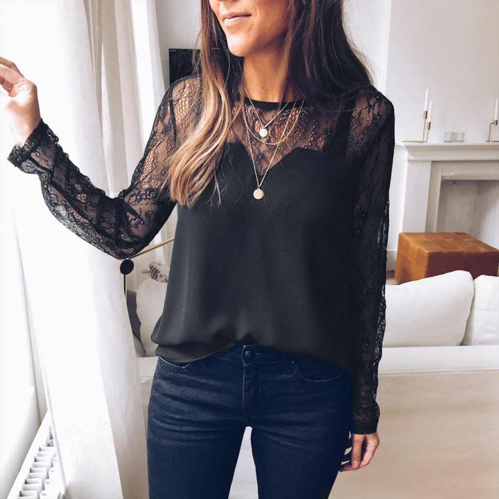 

Women' Blouses & Shirts Sexy Black Transparent Blouse Womens Casual Lace Tops Hollow Out Long Sleeve Pullover Shirt Female #B