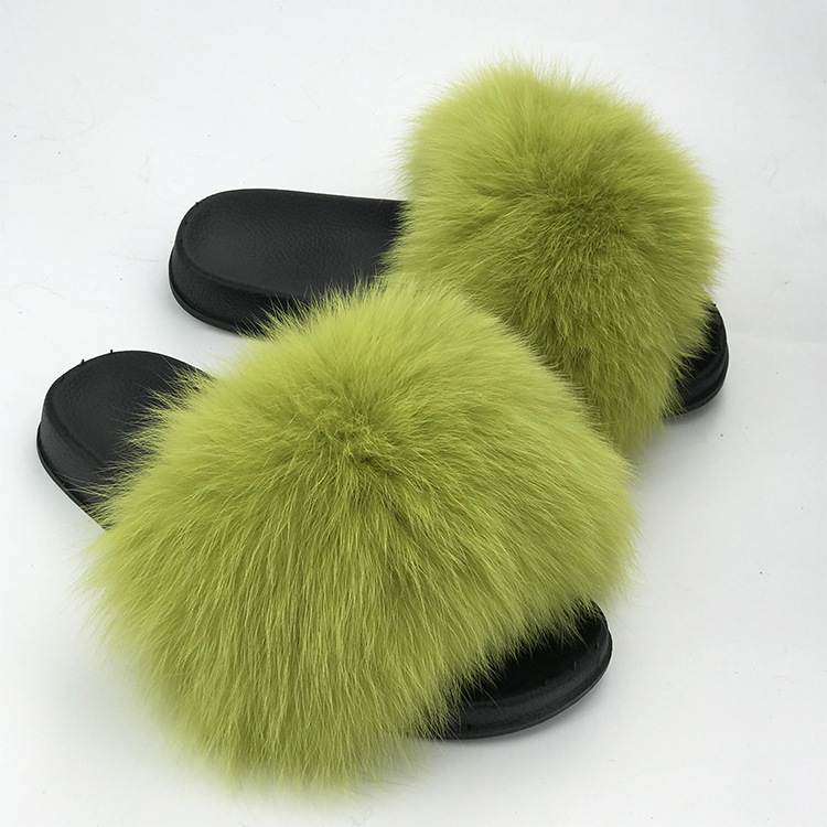 

Real Raccoon Fur Slippers Women 2018 Sliders Casual Hair Flat Fluffy Fashion Home Summer Big Size 45 Furry Flip Flops Shoes, Black