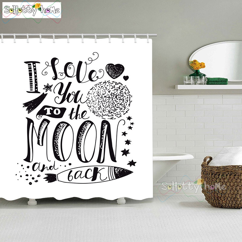 

White Shower Curtains Waterproof Black Alphabet Pattern I Love The Moon Bath Curtains Bathtub Large Wide Bathing Cover 12 Hooks