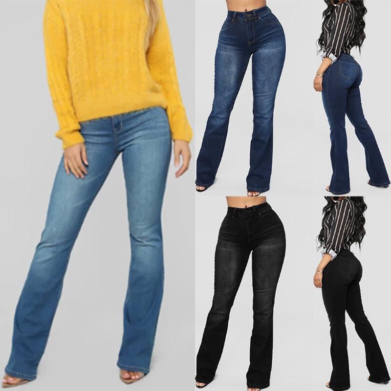 

Mom boyfriend Flare Jeans Women Mid Waist Denim Pants Streetwear Bell Stretch Slim Jeans Ladies Long Wide leg Trousers, Black