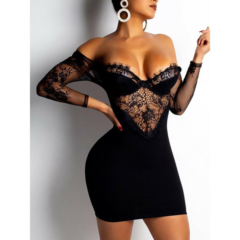 

Women Dress Lace Off Shoulder Bodycon Evening Club Party Dress Sexy Long Sleeve Backless Strap Mini Pencil Vestidos, White