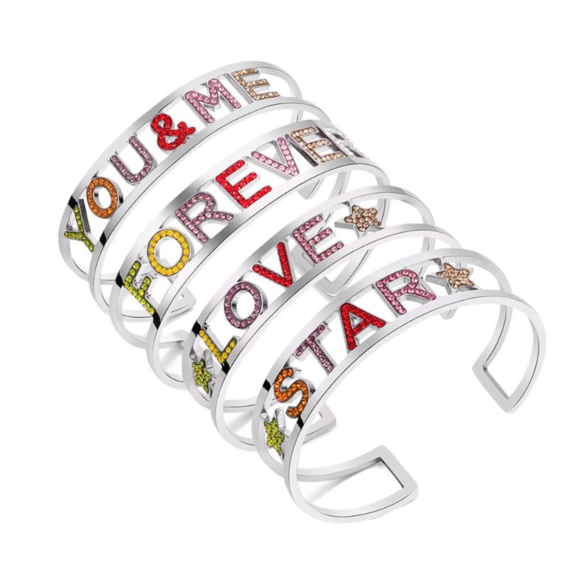 

Womens Stainless Steel Bangles Colorful Crystal Letters Charm Fashion Statement Jewelry Accessories Female Silver Bangle 2020
