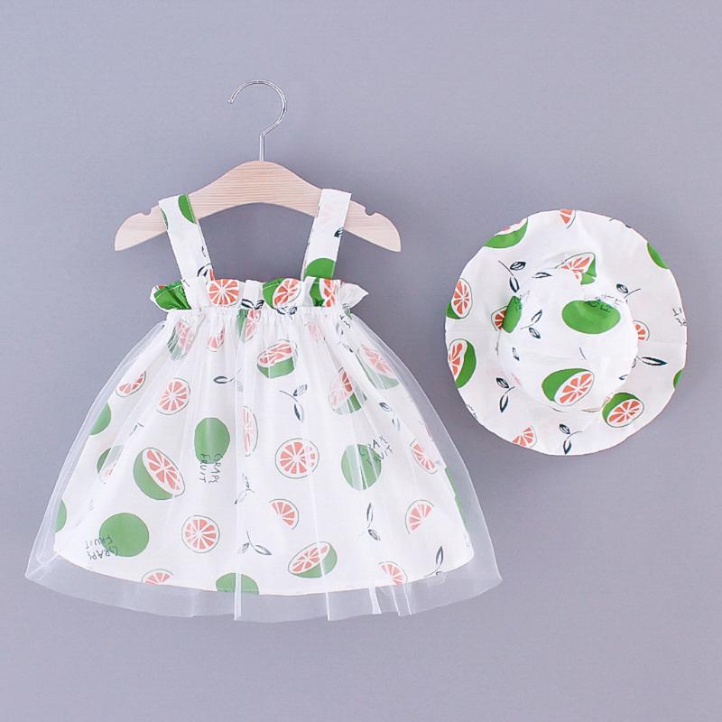 

Fashion Baby Girl Dress Cotton O-neck Regular Toddler Baby Girls Sleeveless Lemon Print Princess Suspender Dress Hat Outfits @45, Green
