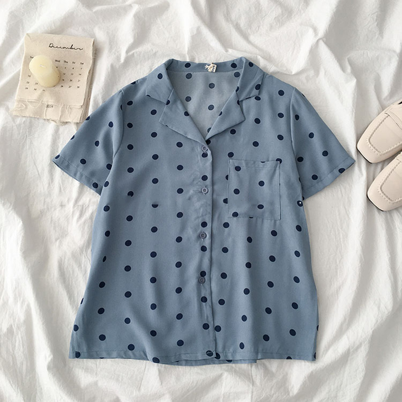 

Summer Polka Dot Chiffon Shirt Women Beach Style Short Sleeve V-neck Blue Apricot Blouse Female Fashion Loose Oversize Tops, Beige
