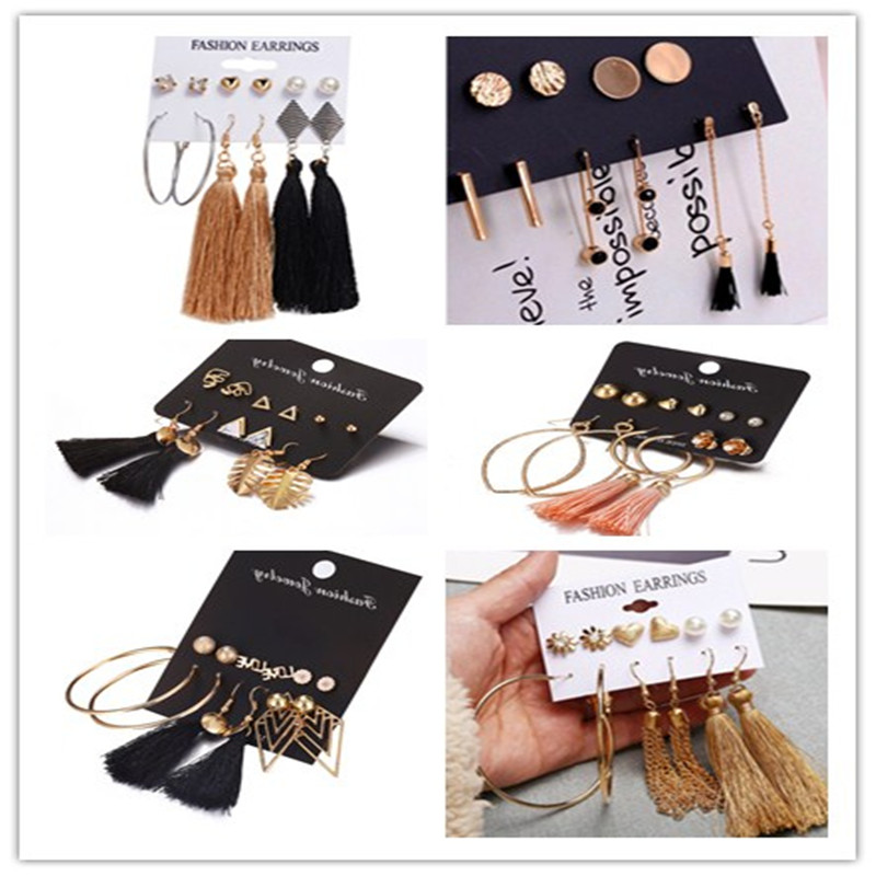 

New 6Pairs/set Long Tassel Stud Earrings Set For Women Girl Bohemian Flower Fringe EarringFemale Fashion Jewelry Mix Desigsn