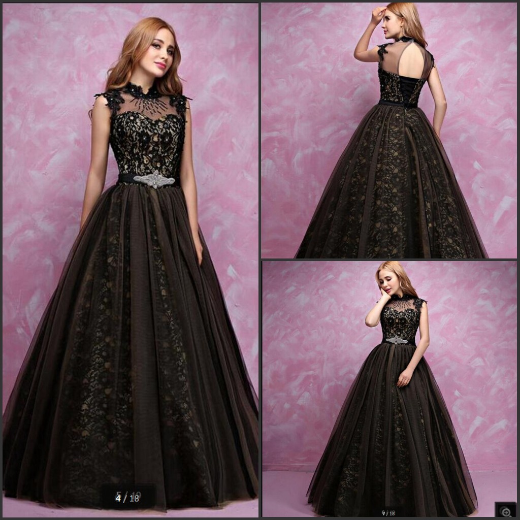 

Vestido De Festa new design black lace ball gown cap sleeve prom dress princess with beading sashes hollow back sexy prom gowns hot sale, Light sky blue