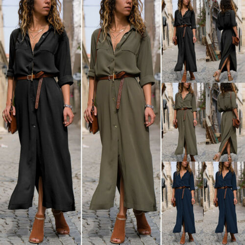 

2020 New Womens Five-Sleeve High Waist Strap and Ankle Shirt Dress, Black