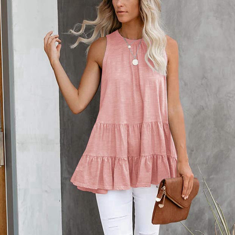 

Women Sleeveless Loose T-Shirts Solid Color Pleated O-Neck Female Pullover Tops, Khaki