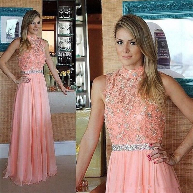 

Elegant Pink Evening Dresses Chiffon A-Line 2019 Prom Dresses High Neck Appliques Beaded Tank Sweep Train Vestido De Party Gowns B18