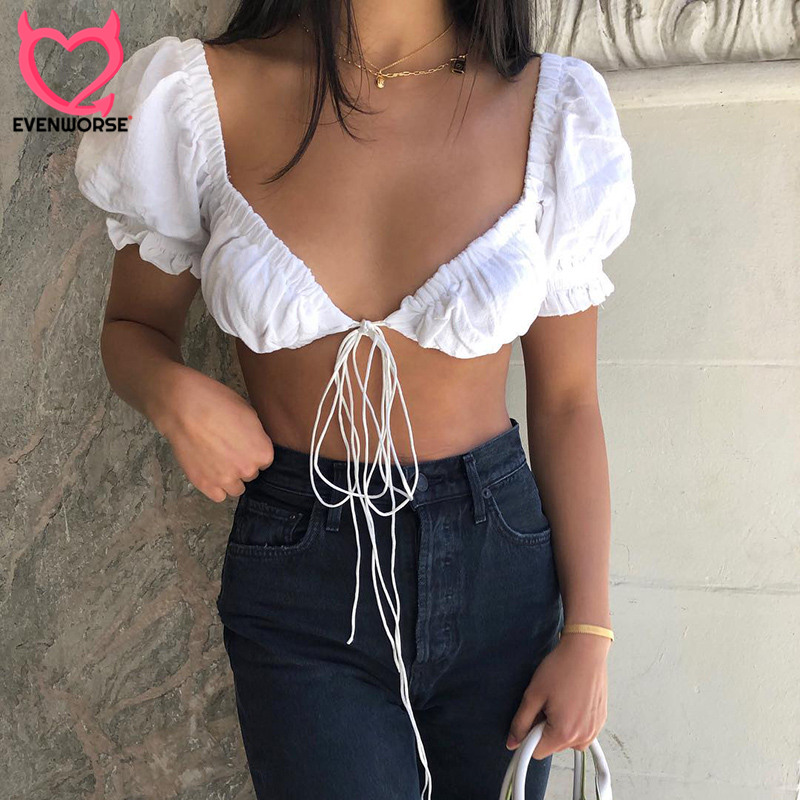 

Evenworse 2019 women white crop top short sleeve lace up tees elastic tank tops shirt sexy club solid, Black