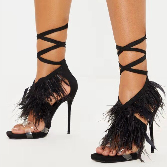 

Sexy Crossing Bandage Feather High With Sandals, Black