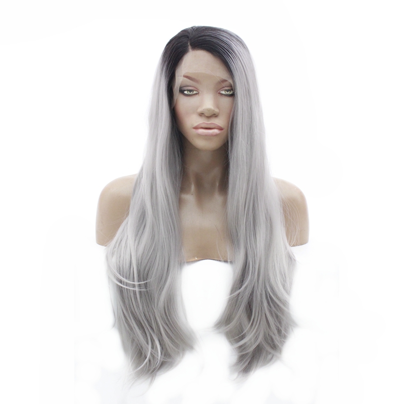 

Side Part Ombre Lace Front Wig Natural Wavy Black Ombre Gray Glueless Synthetic Lace Front Wig For Women