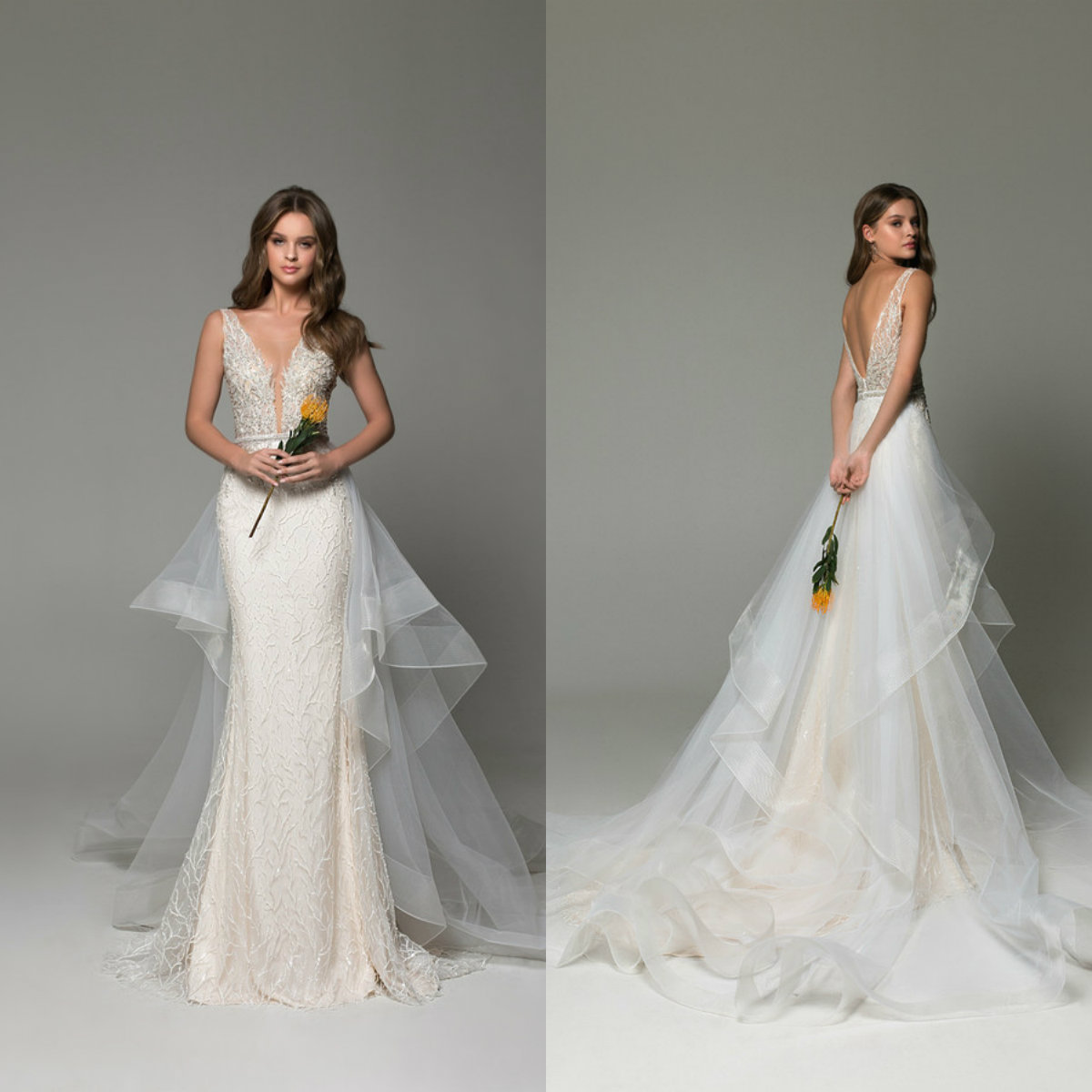 

Fairy 2019 Mermaid Wedding Dresses With Detachable Train Deep V Neck Sweep Train Long Country Wedding Dress Zuhair Murad Boho Bridal Gowns, Ivory