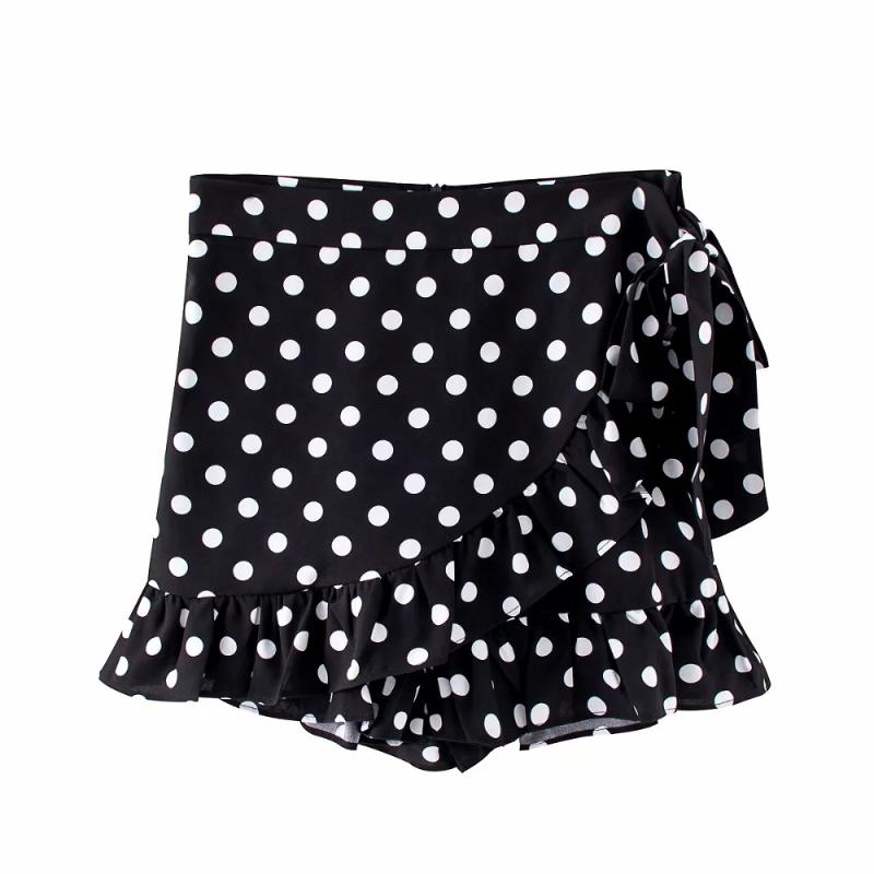 

2020 Women Sweet Ruffles Polka Dot Shorts Skirts Vintage Fashion Side Bow Tie Shorts Casual Girls Chic Short Pants, Black