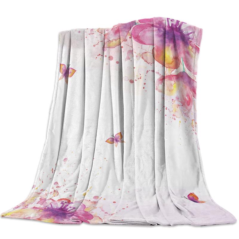 

Watercolor Pink Flower Bloom Butterfly Throw Blanket Bedspread Soft Fleece Blanket Air/Sofa/Bedding Winter Bedsheet