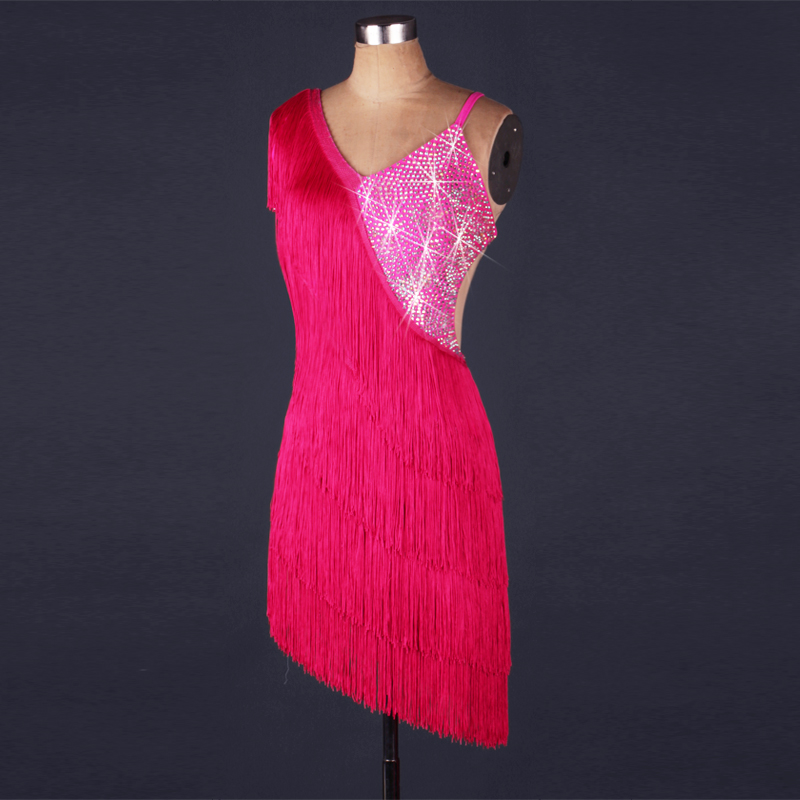 

latin Rumba cha cha salsa tango dress competition pink white Fringe Tassel rhinestone l061