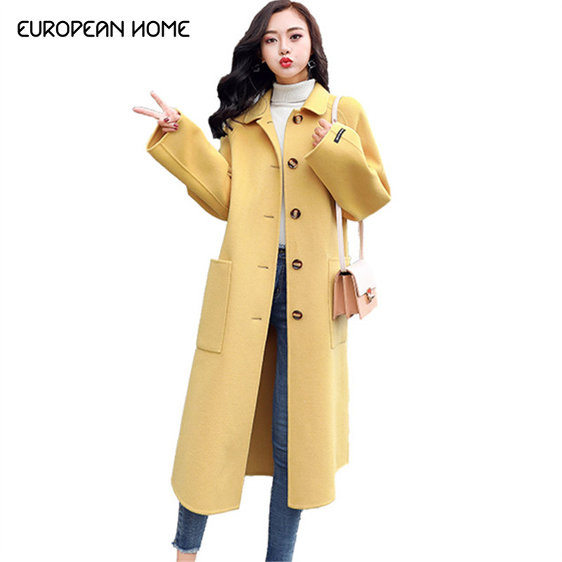 

2019 Autumn Winter Women Cashmere Woolen Coat New Long Sleeves Loose Casual Long Coats Korean Elegant Solid Wool Overcoat 1029, Black
